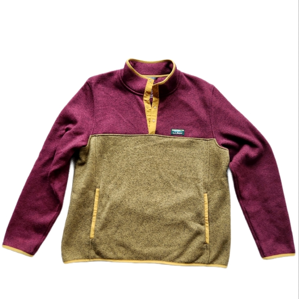 LL Bean Men's Burgundy Fatigue Green Colorblock Fleece Pullover Sweater
